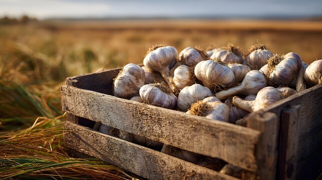 Detailed depiction of freshly harvested garlic bulbs in a rustic wooden crate placed in a sunlit agricultural field prepared for market