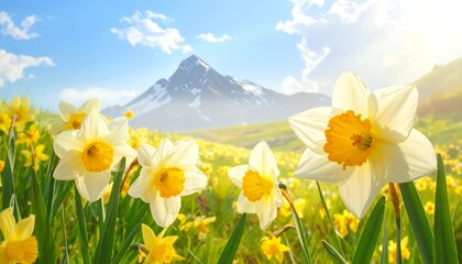 Fototapeta premium Daffodils bloom in mountain meadow