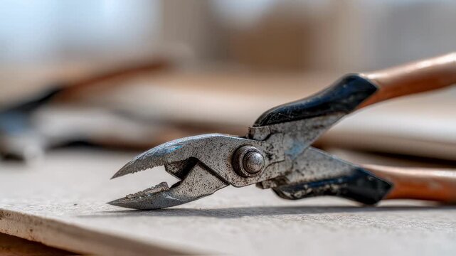 Medium shot of a ceramic tile cutter with sharp edges main focus on the tools precise cutting blade and ergonomic handle background softly blurred.