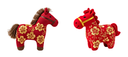 Colorful Floral-Patterned Toy Horses on Black Background - Decorative Textile Art. Symbol of Chinese New Year 2026