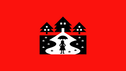 A stylized black and white illustration of a person holding an umbrella standing in a park with trees and rain, set against a vibrant red background, evoking a sense of solitude and protection
