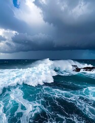 Dramatic ocean waves under a stormy sky