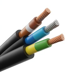 A close up view of three electrical cables with different colored wires on a white background on transparent background