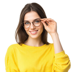 Obraz premium Central Asian woman with glasses in yellow shirt on transparent background