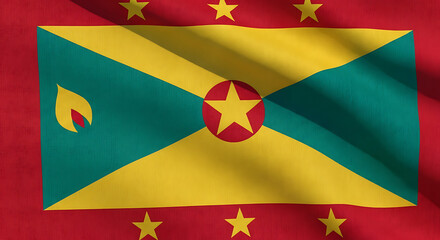 Waving flag of grenada gently swaying, showcasing the nutmeg symbol, representing the islands spice production, with the colors green, yellow, and red symbolizing vegetation, sunshine, and courage, ag