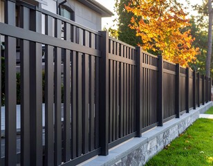 Modern black fence, autumnal backdrop