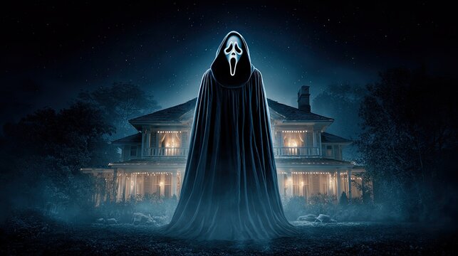 Haunted house at night with giant ghostface figure in black cloak standing under starry dark sky