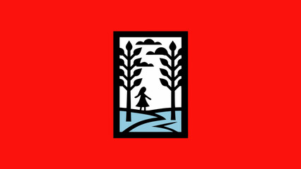 Stylized illustration of a solitary figure standing on a path between two stylized trees, set against a vibrant red background