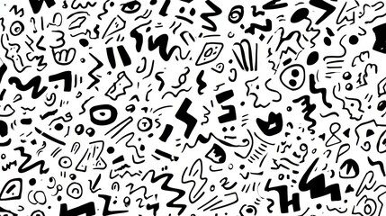 Hand drawn doodle pattern with playful abstract shapes in black ink on white background, modern high resolution vector illustration design