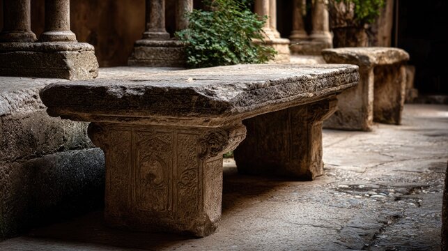 Aged stone bench in a cloister