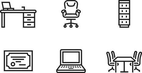 Set of office furniture and equipment icons in a clean line art style