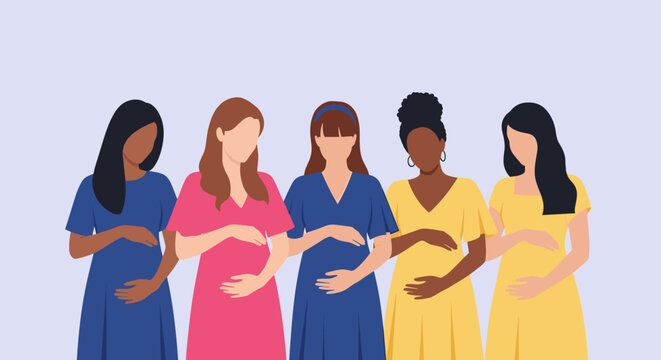 A group of diverse pregnant women stand together holding their bellies.