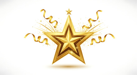 Golden star with confetti and ribbons isolated on white background