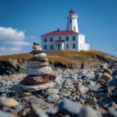Coastal scene with a stone cairn and a lighthouse