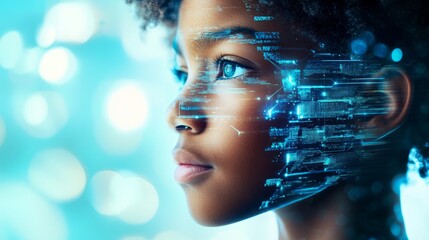 Young girl with curly hair, side profile, displaying digital data overlay, representing technology and innovation, with a futuristic blue background and glowing elements enhancing the visual impact