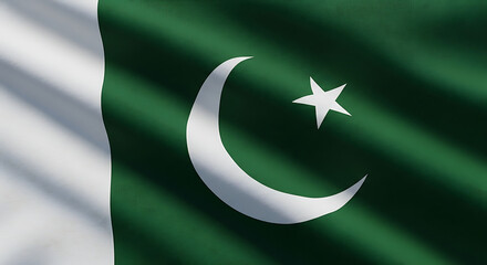 A digitally created image showcases the flag of pakistan, featuring a vibrant green field with a white crescent moon and a fivepointed star, alongside a white stripe on the hoist side, symbolizing the