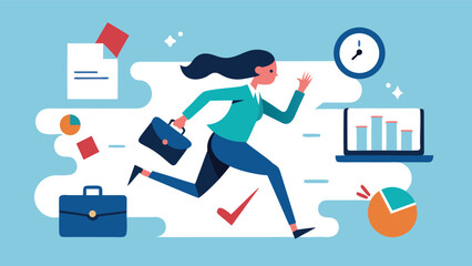 Vector art of a dynamic illustration of a businesswoman running against time, surrounded by business elements, symbolizing urgency and efficiency