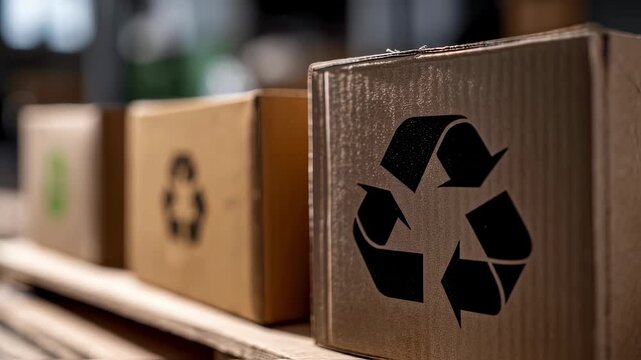 Medium shot capturing recyclable packaging boxes with clear recycling symbols crisp focus on material details while surroundings remain softly out of focus.