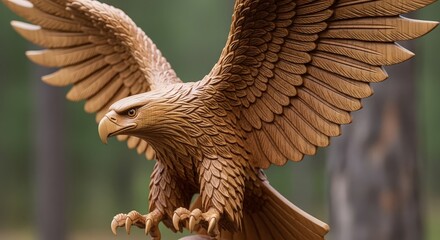 Majestic wooden eagle sculpture poised for flight, a symbol of freedom and power, perfect for patriotic themes and artisanal projects