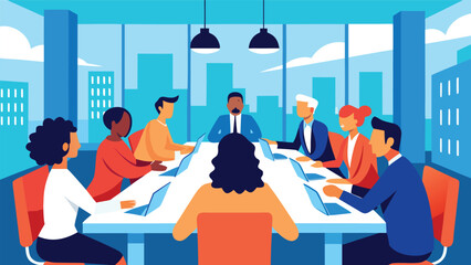 Vector art of diverse business team having a meeting in a conference room with city view, discussing strategy and planning for growth