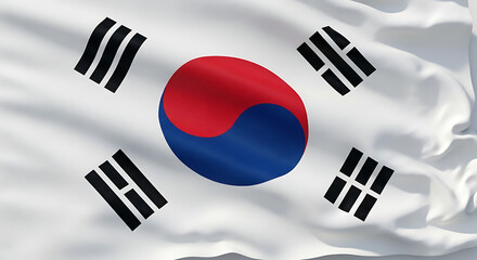 Digitally rendered image of the south korean flag, known as taegeukgi, featuring a white background with a central taegeuk symbol in red and blue, surrounded by four black trigrams, representing the n