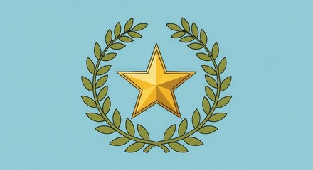 Celebrate achievement with this golden star encircled by olive branches, radiating success and prestige on a clean light blue background