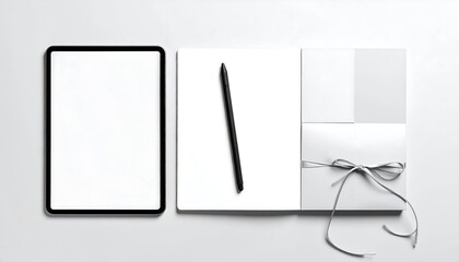 Flatlay of digital tablet, notepad, and envelopes