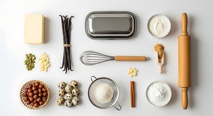 Gourmet Pastry Preparation - A Meticulous Grid of Baking Essentials on a Clean White Surface.