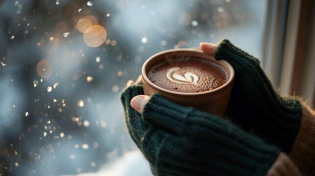 Cozy winter vibes with a warm cup of cocoa and a heart design, perfect for holiday greetings or a comforting seasonal message to share some cheer