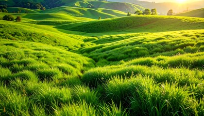 A vivid depiction of rolling green hills bathed in sunlight with a stream meandering through the lush grass