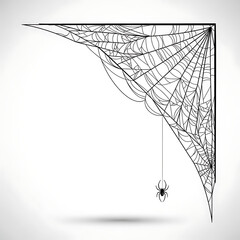 Black spider web with a spider hanging down, isolated on white background
