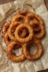 Caramel-Dipped Onion Rings Sprinkled with Sea Salt on Parchment Paper