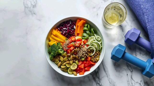 Vibrant Buddha bowl and dumbbells inspire healthy lifestyle choices, showcasing nutritious food and fitness equipment for wellness and vitality