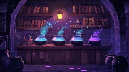 Colorful potions in glass jars are bubbling on a wooden table in a mystical room, surrounded by shelves filled with ancient books and magical artifacts, creating an enchanting atmosphere