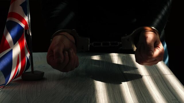 Criminal in handcuffs in British police room