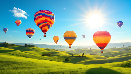 Obraz premium Colorful hot air balloons festival. Hot air balloons in clear blue sky. Bright sunlight on flying balloons.