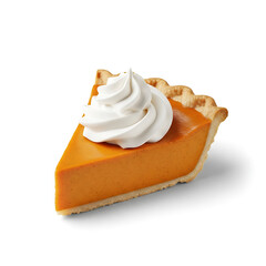 A slice of pumpkin pie with whipped cream, isolated on white background