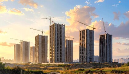 Construction site of tall buildings at sunset