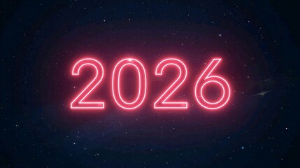 Bright neon 2026 glowing against a dark, star-filled space background celebrating the new year with hope and excitement for future innovations