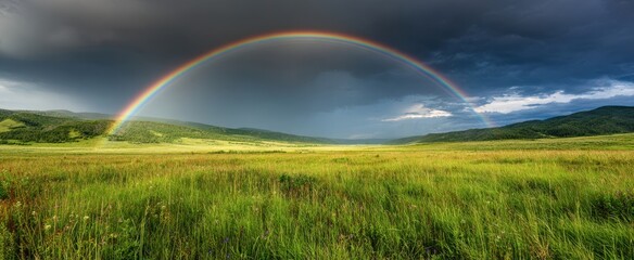 Obraz premium The Rainbow Over an Expansive Green Meadow and Rolling Hills Under Dramatic Stormy Sky