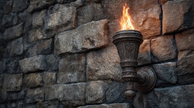 Ornate torch affixed to a stone wall