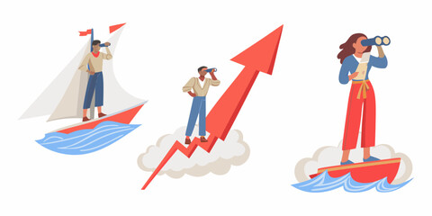 Diverse business people looking into the distance with binoculars symbolizing vision and future growth opportunities