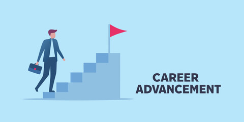 Fototapeta premium Businessman climbing stairs towards a red flag representing career advancement and success