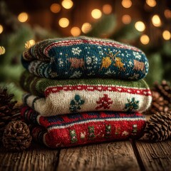 Stacked Christmas sweaters on rustic wooden surface