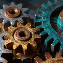 Close-up view of metallic gears in various colors and textures, showcasing intricate details and craftsmanship, representing the concept of machinery and engineering innovation