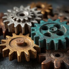 Close-up of various metallic gears in different colors and textures, showcasing intricate designs and mechanical details, representing engineering and craftsmanship in machinery