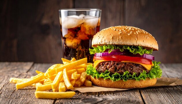 Burger with fries and soda on rustic wooden table.