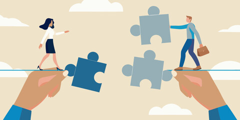 Business people building a bridge with puzzle pieces connecting two sides for collaboration and teamwork