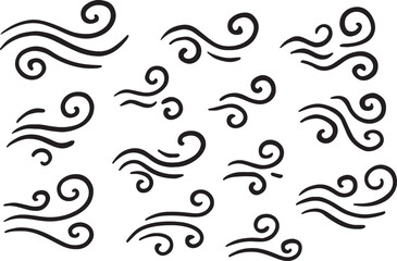 Fototapeta premium Wind icon doodle set. Air flow symbol collection. Blowing gust and breeze silhouette. Weather cold element. Fresh windy decorative line art swirl pattern vector design.