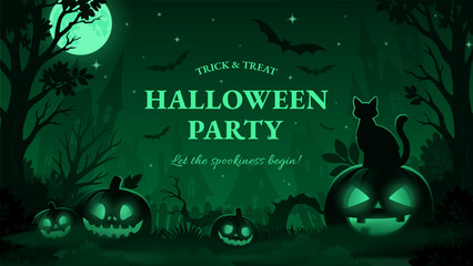 Spooky Green Halloween Banner with Jack-O’-Lanterns